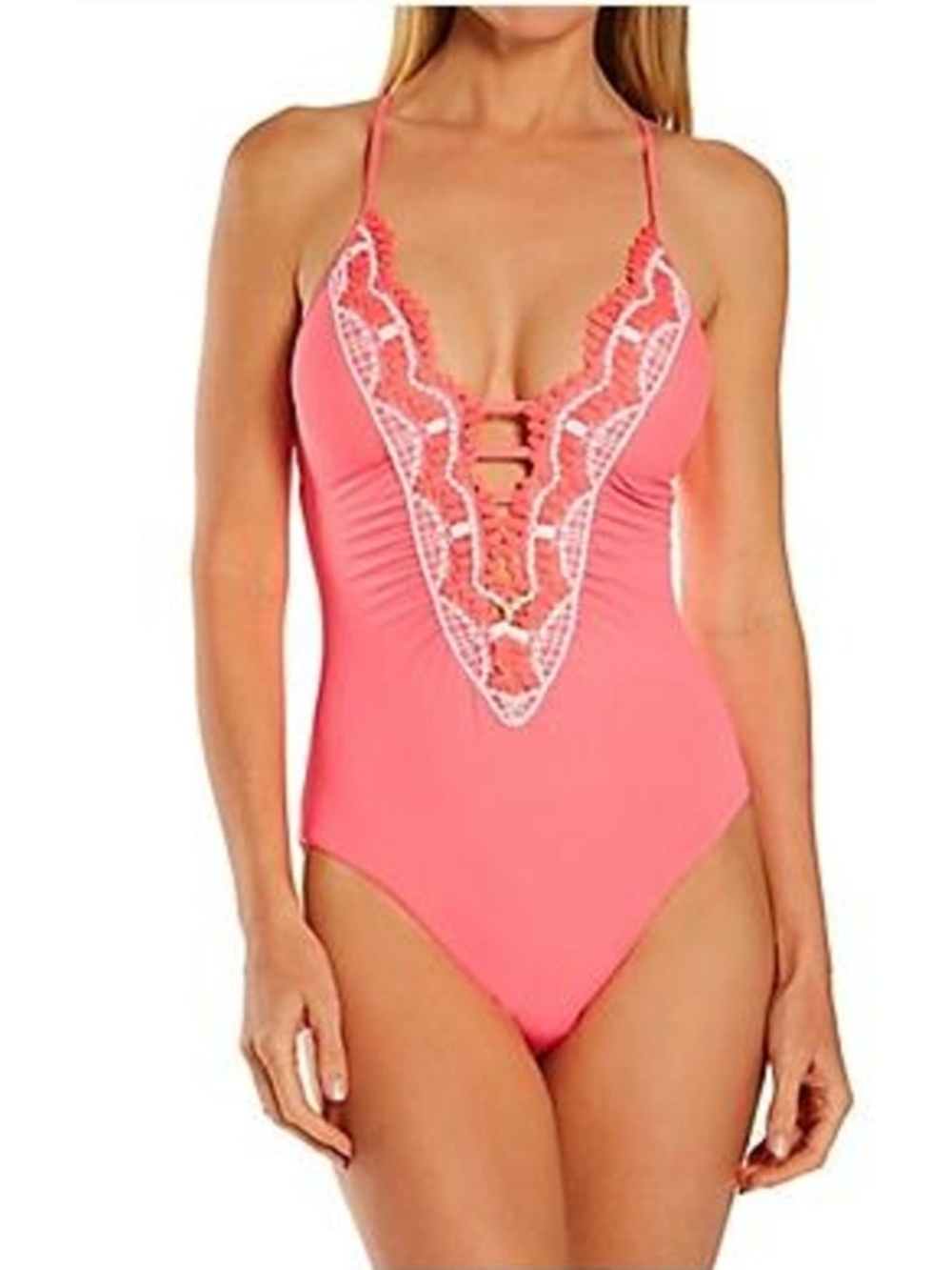 BECCA Rebecca Virtue Coral Crochet Plunge Neckline Swimsuit Sz M Delilah Clare